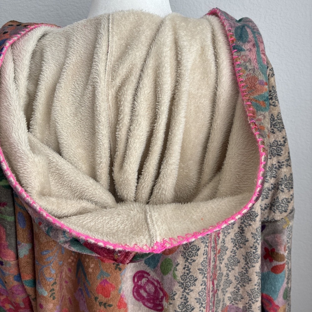 Natural Life Long Cozy Patchwork Blanket Kimono Pink Trim S/M Sherpa Lined Boho - Picture 11 of 16